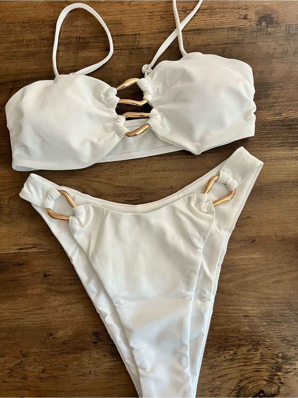White Gold Ring Accents High Cut Bikini Set - Picture 2 of 9